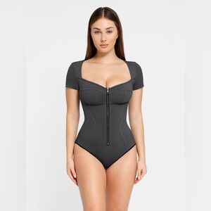 Popilush Denim V-Neck Short Sleeve Shapewear Bodysuit